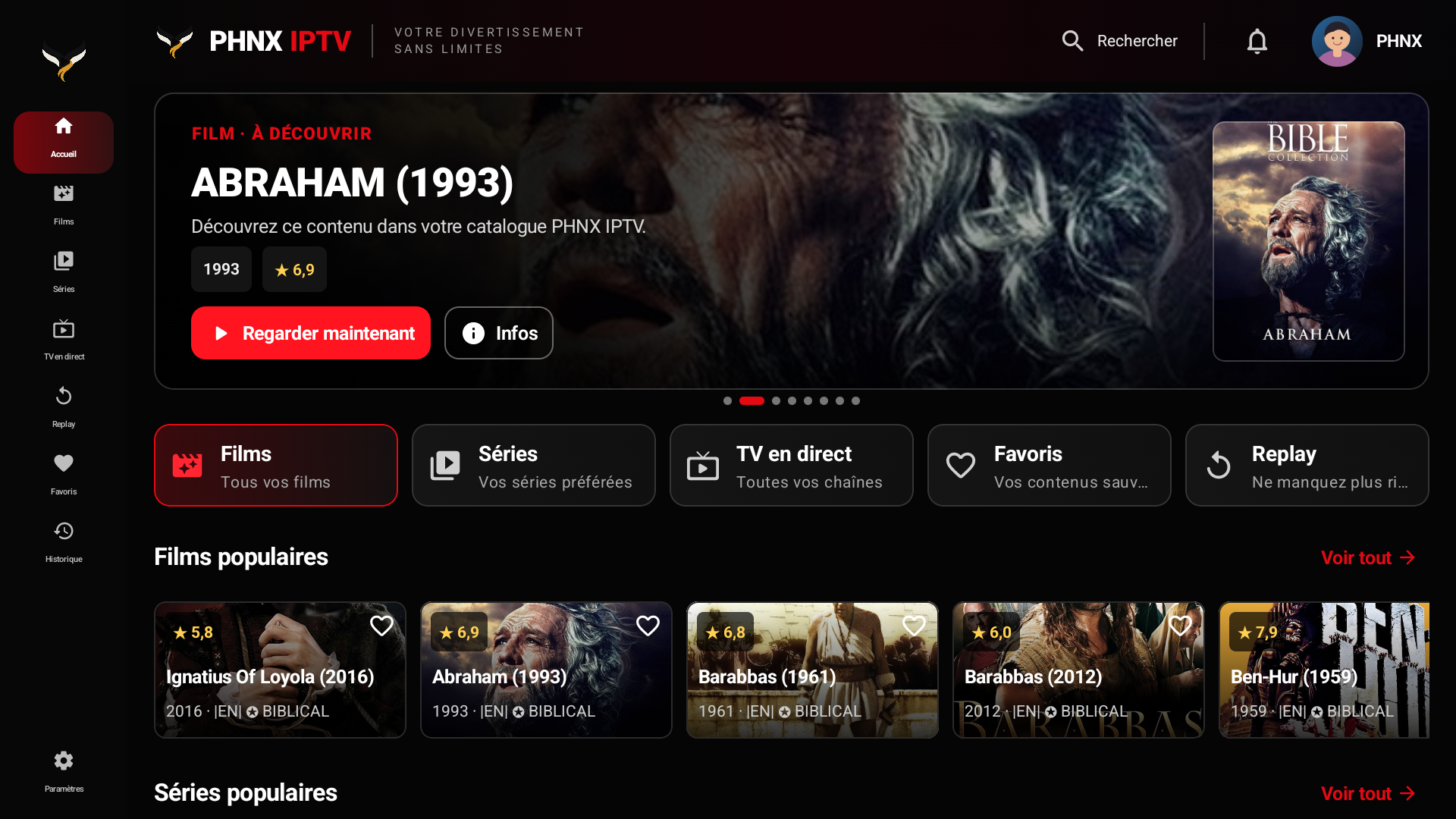 L’accueil réel de PHNX IPTV avec le menu TV, films, séries et la reprise de lecture